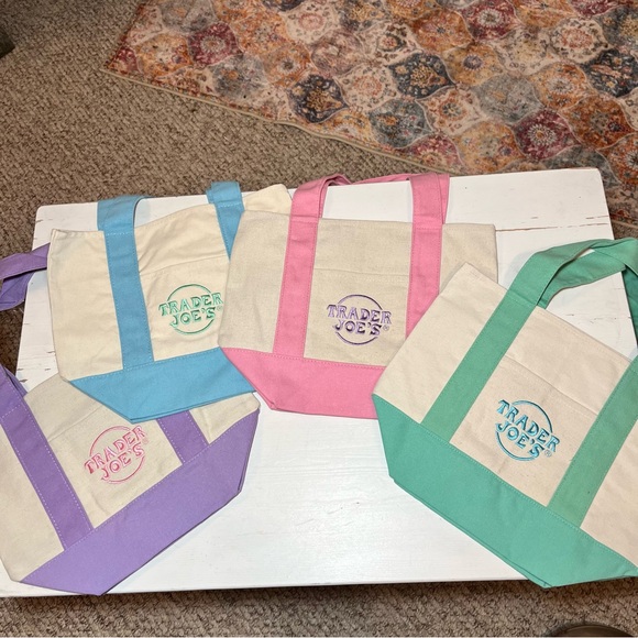 Set of 4 Trader Joe's mini Pastel Canvas Tote Bags:Pink, Blue, Green, Purple NWT - Picture 9 of 10